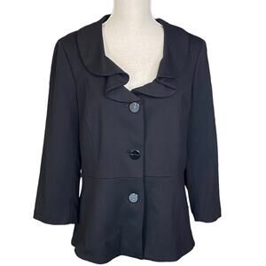 Black Darjoni Blazer with Ruffled Collar and 3/4 Length Sleeves Large